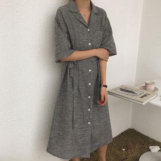 Short-sleeve Striped Shirtdress With Sash