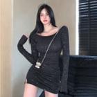 Long-sleeve Off-shoulder Glittered Slim-fit Mini Dress Black - One Size