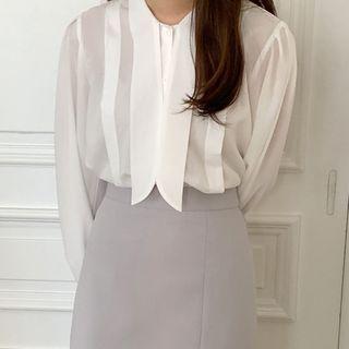 Tie-neck Pleated-trim Sheer Blouse