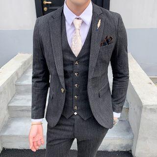 Set: Melange Button-up Blazer + Vest + Dress Pants