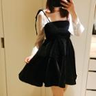Set: Spaghetti Tie-strap Velvet Dress + Sheer Blouse