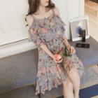 Elbow-sleeve Cold Shoulder Floral Dress