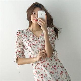 V-neck Puff-shoulder Floral Midi Dress