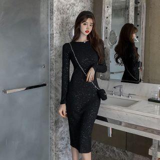 Back Slit Long-sleeve Sheath Dress Black - One Size