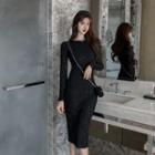Back Slit Long-sleeve Sheath Dress Black - One Size