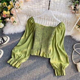 Square-neck Smocked Puff Long-sleeve Blouse
