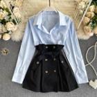 Set Of 2 : Plain Long-sleeve Shirt + High-waist A-line Skirt