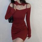 Long-sleeve Cutout Collar Mini Bodycon Dress