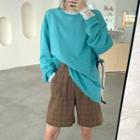 Plain Loose-fit Sweatshirt / Sheer Top / Plaid Shorts