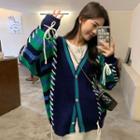 Color Block Cardigan Black & Green & Blue - One Size