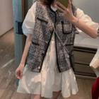 Lantern-sleeve Mini Dress / Tweed Vest