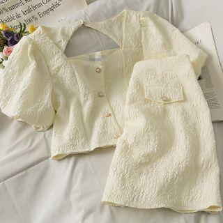 Set: Embossed Puff-sleeve Crop Shirt / High-waist Mini Skirt