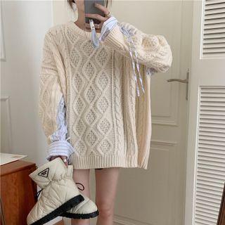 Long-sleeve Mock Two-piece Cable Knit Top Top - One Size
