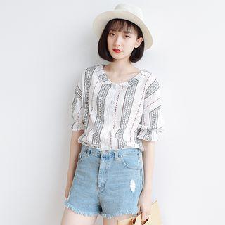 Print Elbow Sleeve Blouse