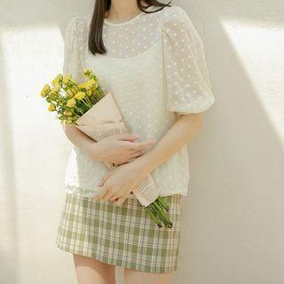 Balloon-sleeve Dotted Blouse / Plaid A-line Skirt