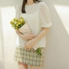Balloon-sleeve Dotted Blouse / Plaid A-line Skirt