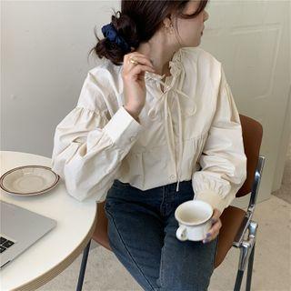 Plain Ruffle Puff-sleeve Blouse White - One Size