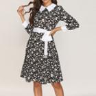 Long Sleeve Doll Collar Floral Print Tie-waist Midi Dress