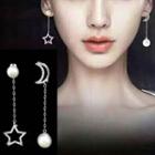 Non-matching Faux Pearl Rhinestone Moon & Star Dangle Earring Silver - One Size