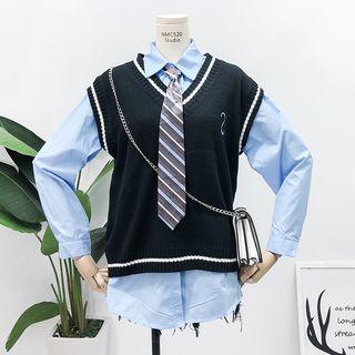 Set: Loose-fit Shirt With Tie + Embroidered Knit Vest
