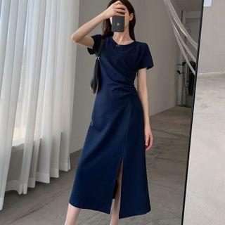 Short Sleeve Round Neck Slit-front Draped Midi A-line Dress