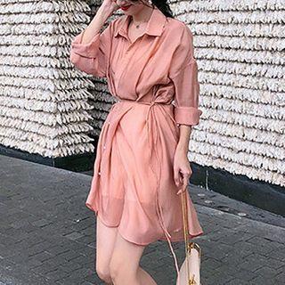 Set: Long-sleeve Sheer A-line Mini Shirtdress + Slipdress