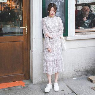 Gathered-waist Floral Long Dress