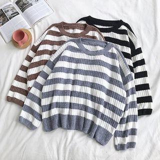 Color-block Striped Crewneck Long-sleeve Top