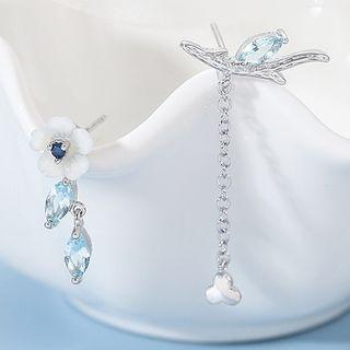 Flower & Bird Faux Crystal Asymmetrical Sterling Silver Earring 1 Pair - Blue & Silver - One Size