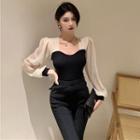 Puff-sleeve Color-block Blouse