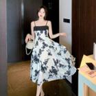 Spaghetti Strap Two Tone Floral Print Pleated A-line Dress