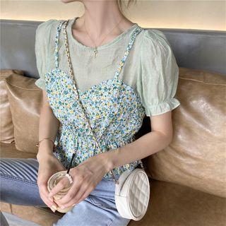 Mock Two-piece Puff-sleeve Floral Print Peplum Top