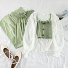 Set: Open Front Light Jacket + Buttoned Cropped Camisole Top + Drawstring Wide-leg Pants