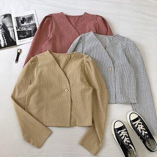 Color-block Check V-neck Long-sleeve Blouse