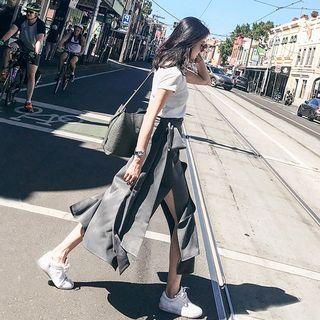 Set: Short-sleeve Top + Midi Slit Skirt