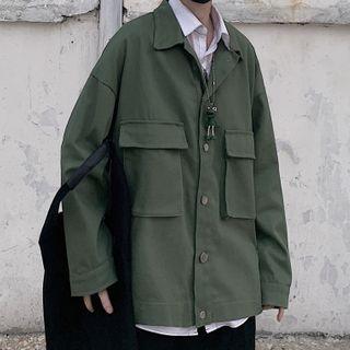 Lettering Embroidered Cargo Shirt Jacket