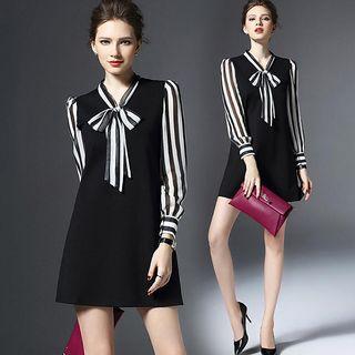 Long-sleeve Striped Panel A-line Dress
