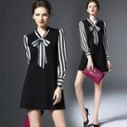 Long-sleeve Striped Panel A-line Dress