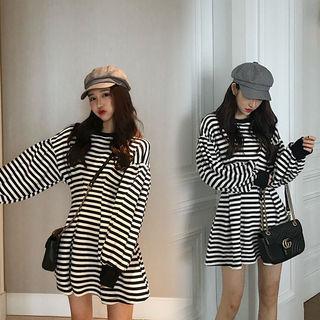 Striped Pintuck Pullover Mini Dress Black - One Size