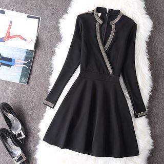 Contrast Trim Long-sleeve Mini A-line Dress
