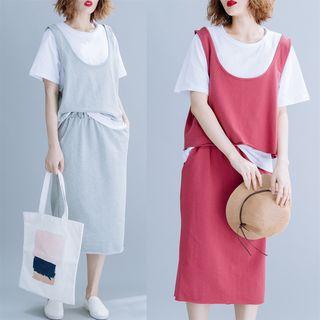 Set: Plain Tank Top + Short-sleeve T-shirt + Midi Skirt