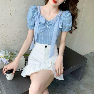 Short-sleeve Ribbon-accent Striped Chiffon Blouse