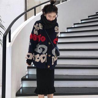 Set: Letter Print Oversized Cardigan + Frilled Trim Skirt
