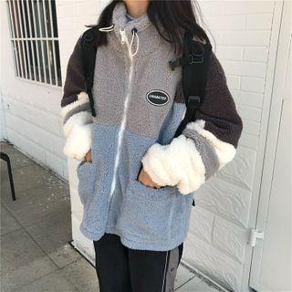 Color Block Fleece Zip-up Jacket Grayish Blue - One Size