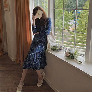 Square-neck Frilled-hem Long Floral Dress Blue - One Size