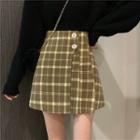 Buttoned Woolen Plaid Mini Skirt