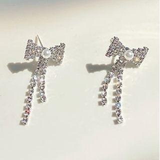 Faux Pearl Rhinestone Ribbon Stud Earring / Clip-on Earring