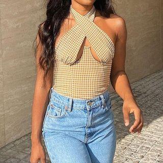 Halter-neck Plaid Cutout Top