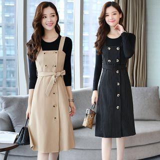 Set: Plain Long-sleeve T-shirt + Striped Tie-waist Pinafore Dress