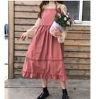 Long-sleeve Lace Top + Flower Trim Medium Long Suspender Skirt Set 2-piece